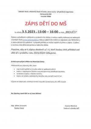 zápis MŠ 2023